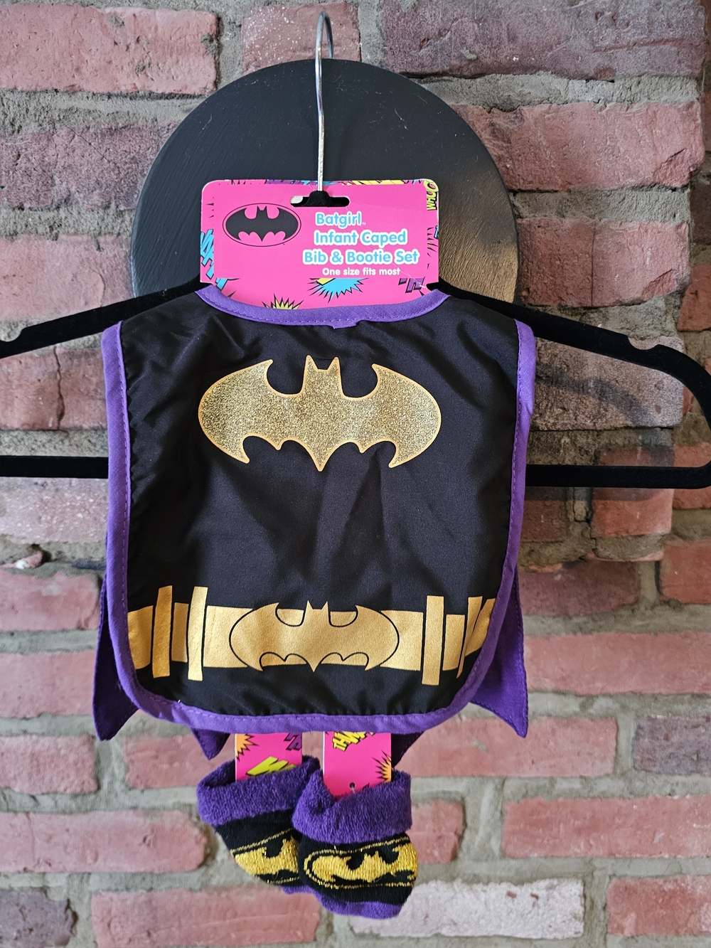 DC Batgirl Infant Cape, Bib & Bootie Set - Black, Purple, Gold